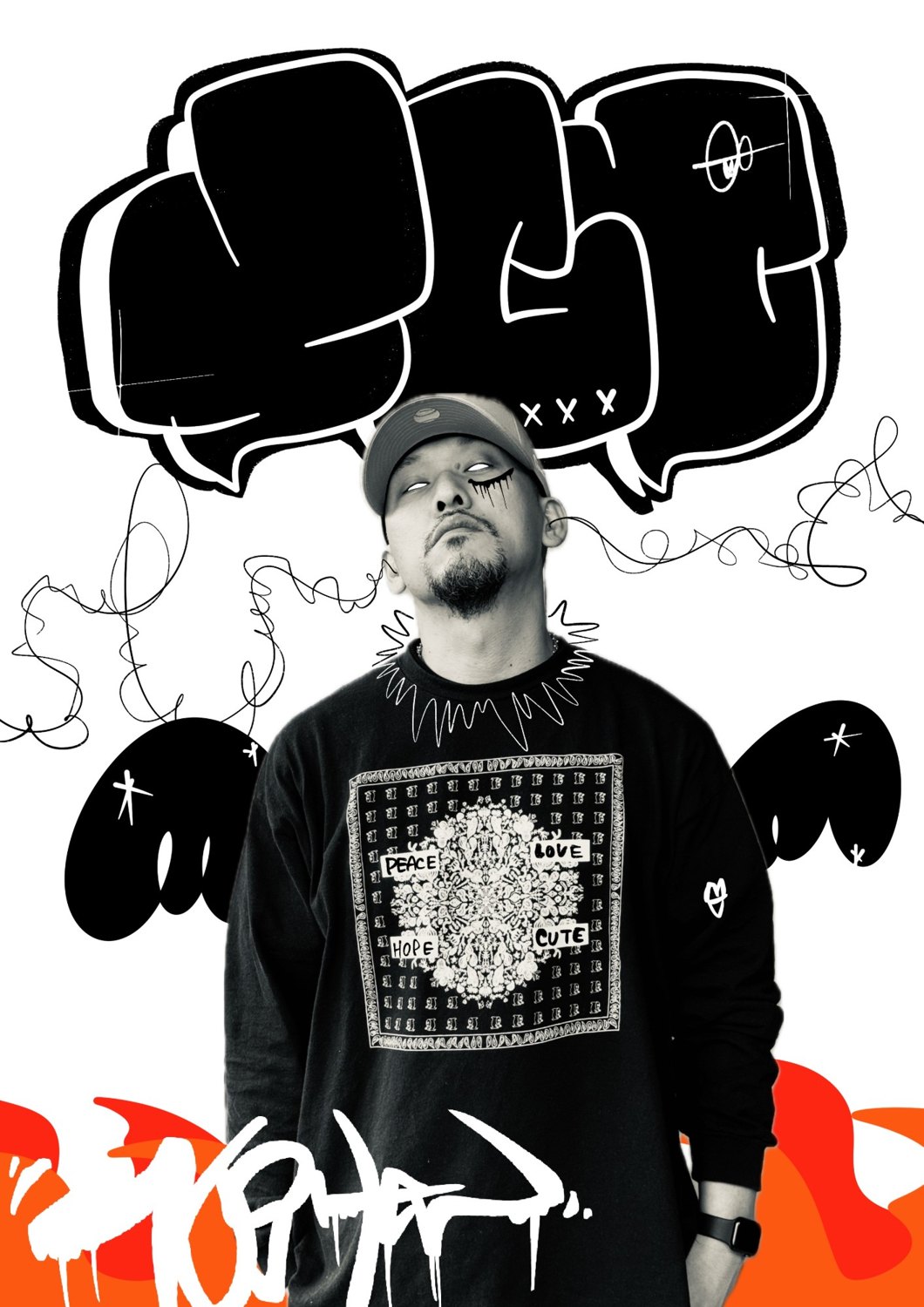 PEACE・LOVE・HOPE・CUTEのバンダナ柄のTシャツを着て上を向くYOSHEN。頭上に黒いグラフィティの吹き出し、足もとにオレンジの炎とサイン