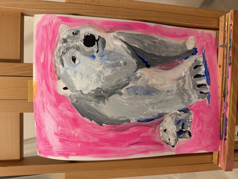 イーゼルに立てた白くまの原画
