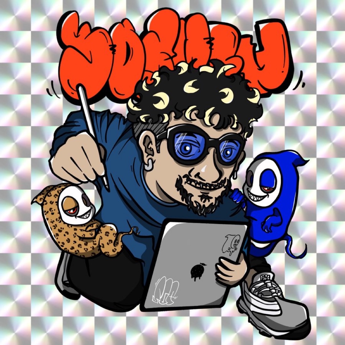 iPadを持ったYOSHENの自画像イラスト。SGCのゴーストが2体